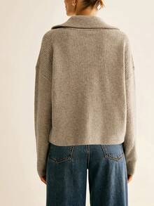 Autumn/Winter Women's Elegant Casual Knit Pullover, Solid Color Minimalist Sweater, Fashionable Commuter Half-Zip Collar Knit Top, Elegant Slouchy Style, Women's Streetwear - Camel - View 2