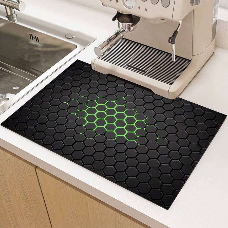 1 件绿色条纹印花吸水垫/沥水垫，适用于咖啡机、餐具 - 吸水性强的聚酯纤维桌面保护垫，带橡胶防滑垫，可用于厨房台面装饰、家庭酒吧和餐桌。 - 彩色 - 查看 1