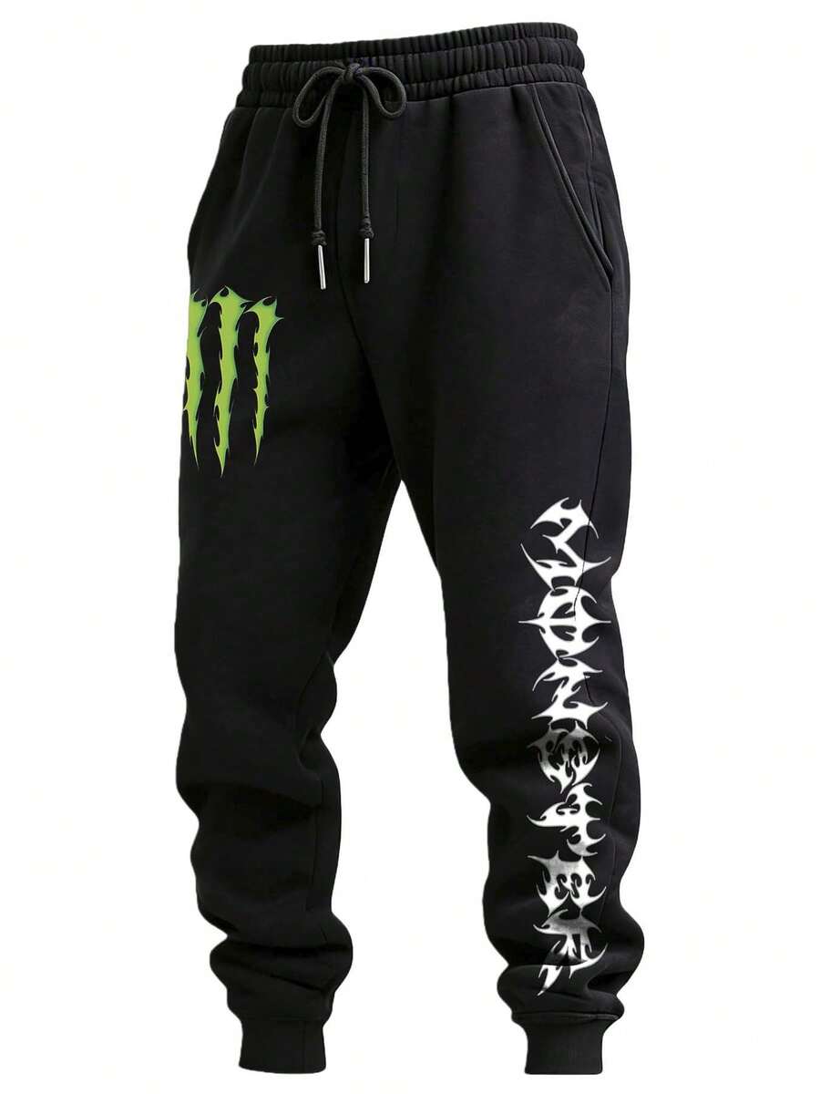 Leisure Leggings American Street Fluorescent Green Letter Printed Drawstring Sweatpants, Men's Leisure Leggings, Pockets, Unisex, Suitable For Going Out, Recent Explosions, Suitable For Spring Clothes, Comic Style, Gifts For Relatives And Friends. - màu đen - Xem 1