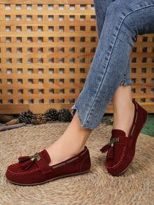 Sepatu Loafer Wanita Model Datar dengan Rumbai, Sepatu Loafer Gaya Retro Warna Polos Terbaru dengan Rumbai, Sepatu Slip-On Serbaguna, Nyaman, dan Lembut untuk Wanita, Cocok untuk Semua Musim - Burgundy - View 4