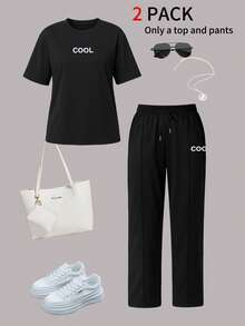 Spring/Autumn Plus Size Women's 2-Piece Set, Personalized Letter Print Crew Neck Short Sleeve T-Shirt With High Waist Drawstring Pants, Elegant Summer Style - Black - View 8