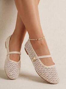 Nuevos zapatos planos de mujer de moda casual con contraste de malla tejida, con hebilla deslizante, color beige, adecuados para el uso diario, citas, vacaciones (patrón irregular) - Beis - Ver 2