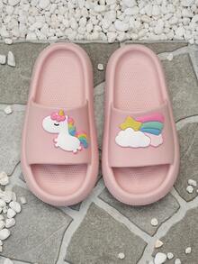 Chinelos de Unicórnio Cartoon para Meninas e Meninos, Confortáveis e Fofos Slides Arco-íris para Praia, Chuveiro, Piscina, Uso Interno e Externo - Rosa chiclete - Visão 6