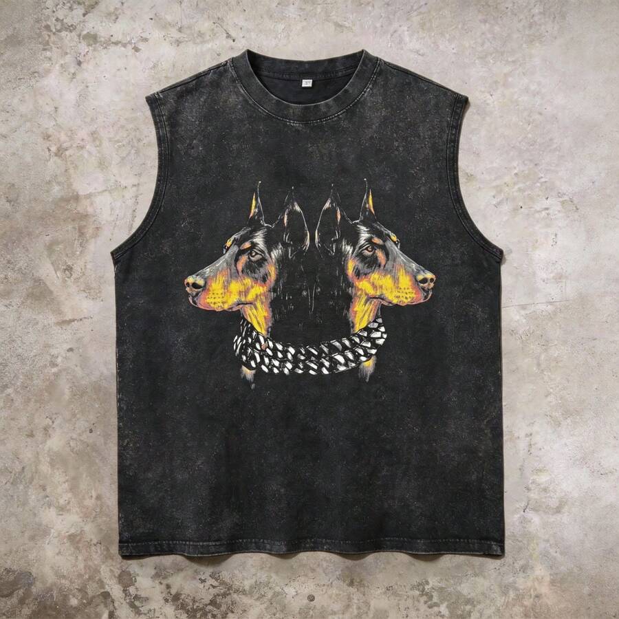 Men's Printed Vintage Washed Vest, Loose Fit, Casual Street Style, An Essential Everyday Item - 黑色1 - 查看 1