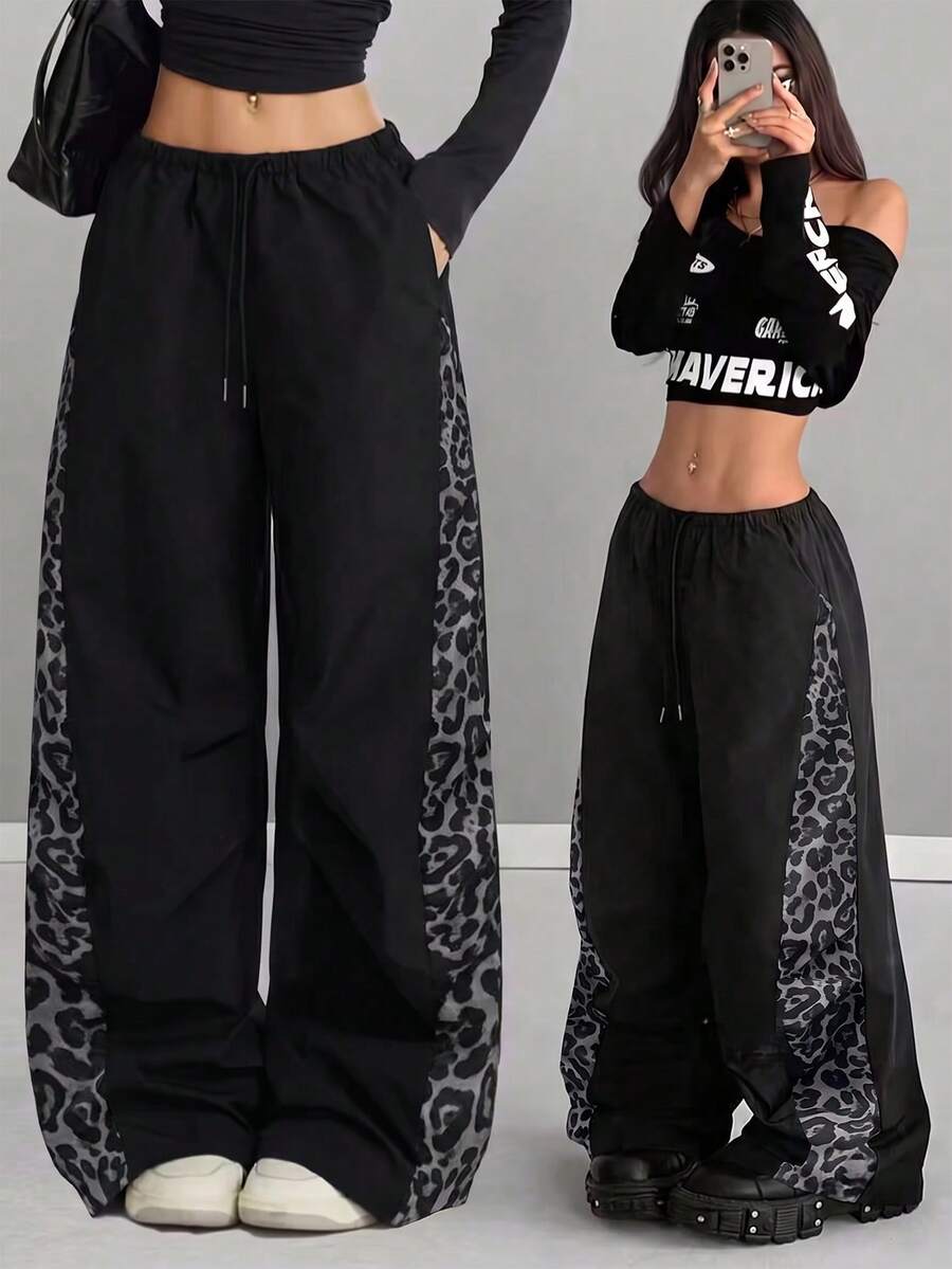 Women's Fashion New Colorblock Letter Patchwork Drawstring Casual Pants, Suitable For Spring, Summer, Autumn And Winter, Daily, Home, Vacation, Loose, Sporty, Versatile, Slimming, Straight Leg, Slouchy, Dance, Cargo Pants
