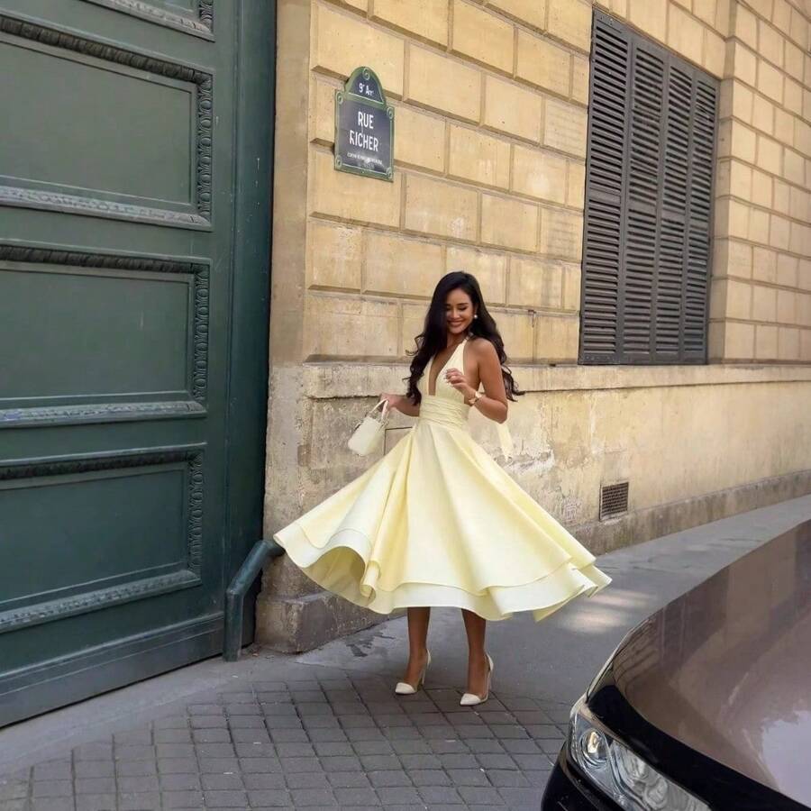 Nuevo vestido midi de moda para mujer con detalles de volantes y espalda descubierta en colores sólidos y diseño holgado - Amarillo - Ver 1