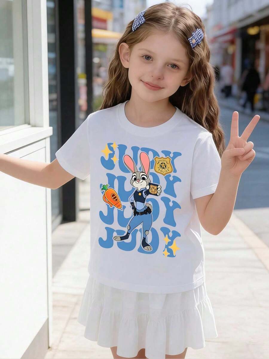 Disney-Licensed Children's Printed T-Shirt, Featuring Officer Judy From Zootopia Holding A Badge, Fun, Lively, And Playful, Comfortable And Breathable, Suitable For Play And Vacation Wear, Suitable For Both Boys And Girls - trắng - Xem 1