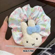 MIFFY 可爱韩版兔子毛绒条纹发圈甜美女孩蝴蝶结发绳丸子发圈弹力发圈，卡哇伊日系风格，蓝粉色两种颜色可选，带图案和3D米菲兔头带蝴蝶结 - 彩色 - 查看 12