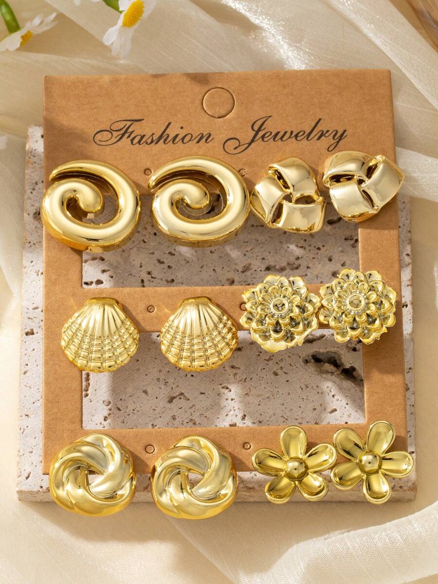 Shell; Blue Flower; Flower Button; 5-Petal Flower Earring Set - Gold - View 1
