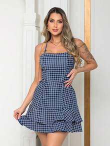 Women's Short Checkered Dress With Open Back And Crossover Detail, For June Festivals, Saint John's Day, With Ruffles, Dune Color, Sizes P To G (Sizes P To G). - Navy Blue - View 4