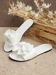 1 Pair Plus Size Women's Flat Slippers, Solid Color Silk Bow Sparkling Rhinestone Round Toe Cute Roman Style Sandals, Suitable For Vacation, Casual, Party, Summer Beach - White - View 4