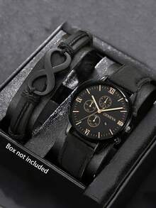 2pcs/Set Jam Tangan Quartz Geneva Kasual Pria dengan Kalender & Tali Kulit - Set dua potong - View 1