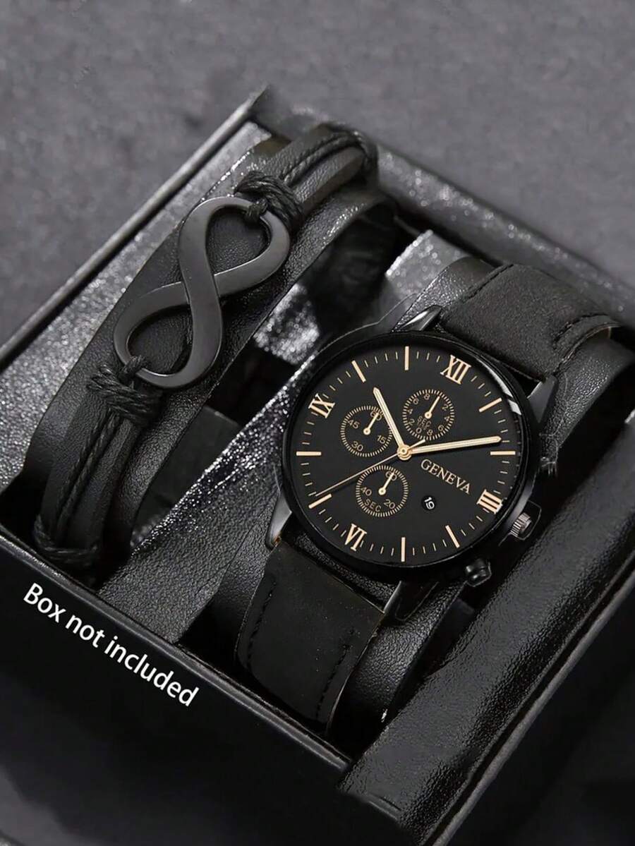 2pcs/Set Jam Tangan Quartz Geneva Kasual Pria dengan Kalender & Tali Kulit - Set dua potong - View 1