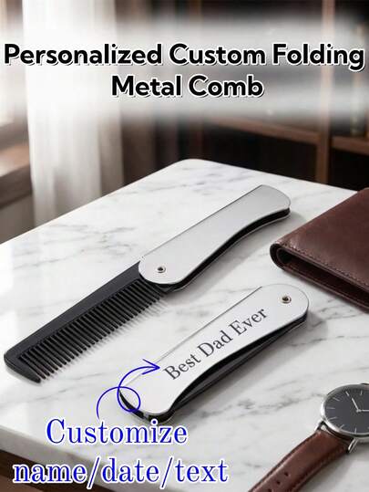 Personalized Custom Men's Folding Metal Comb, Customizable With Name/Text/Logo, Personalized Metal Barber Comb, Personalized Engraved Beard CoSuitable For Father's Day, Valentine's Day, Christmas, Birthday Parties, Family Gatherings, Hair Salons, Etc., Groomsmen Gifts, An Excellent Personalized Ift For Dad, The Ultimate Choice For Him.