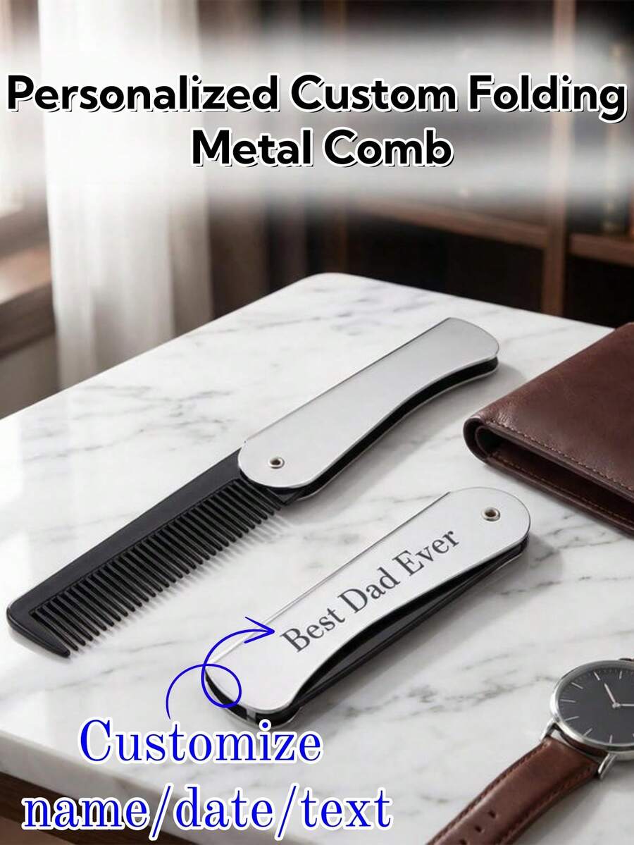 Personalized Men's Metal Folding Comb, Customizable Name/Text/Logo, Personalized Metal Hair Comb, Personalized Engraved Beard Comb, Suitable For Father's Day, Valentine's Day, Christmas, Birthday Party, Family Gathering, Barbershop, Groomsman Gift, Best Personalized Gift Choice For Father - Silver - View 1