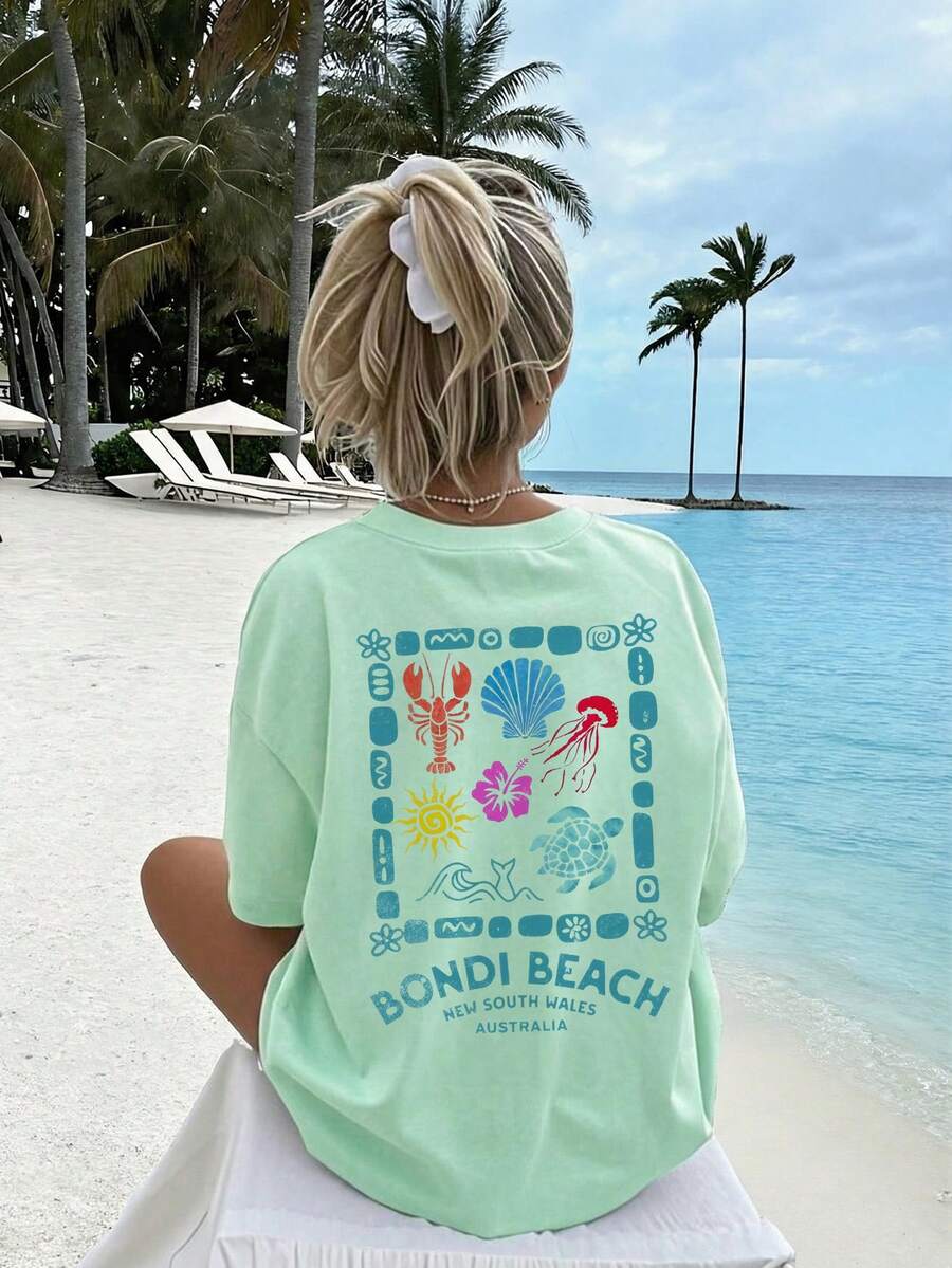 1pc Girls Mint Green Bondi Beach Themed Print Short Sleeve T-Shirt, Children's Vacation Style Ocean Element Round Neck Loose Fit Soft Breathable Fabric, Suitable For Beach Holiday And Daily Wear - Mint Green - View 1