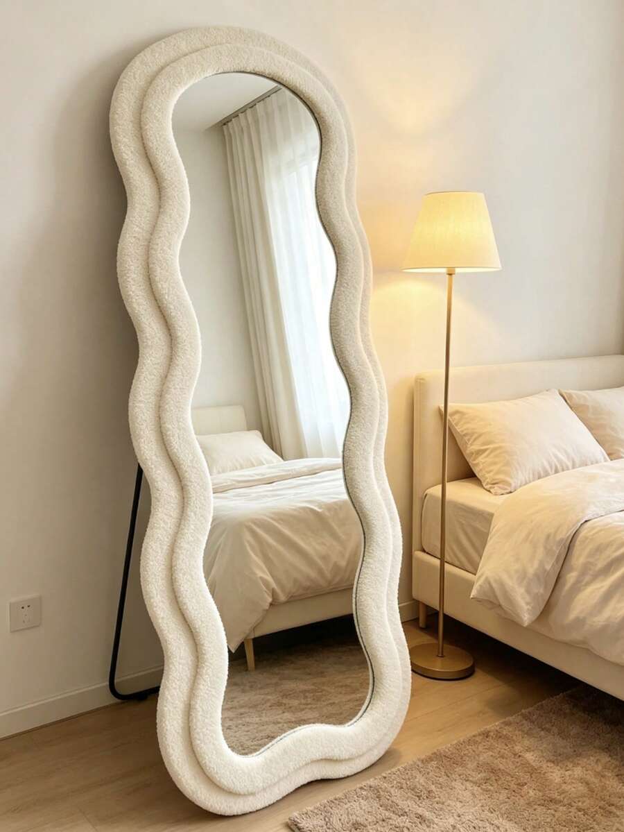 Gương toàn thân 160x60cm, khung nhung mềm mại, kiểu lượn sóng, có thể để sàn hoặc treo tường, màu trắng ấm. - 160X60cm A - Xem 1