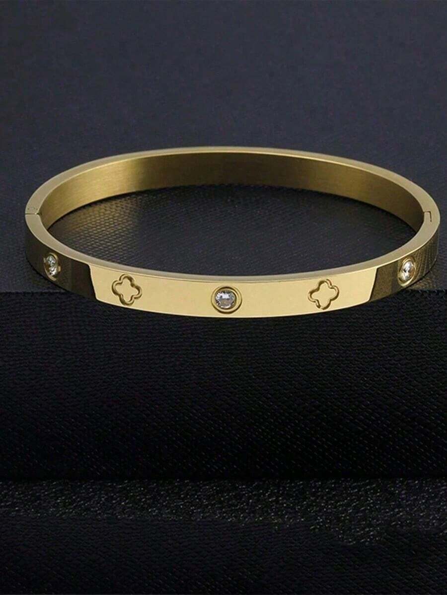 1pc Titanium Steel Bangle, Mirror Polished, Vacuum Plated, Not Easy To Fade, Lucky Four Leaf Clover With Rhinestone, Fashionable Classic Style, Suitable For Daily Wear Valentines - 金色 - 查看 1