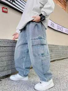 Straight Leg Casual Denim Jeans, Suitable For Toddlers, Street Style - Blue - View 5