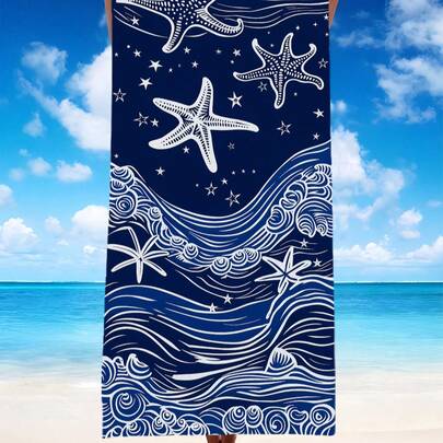 1条藏蓝色带白色线条的海星波浪图案沙滩围巾，多种尺寸可选。速干、柔软、便携、时尚。防沙、超强吸水超细纤维材质。风格：波西米亚风、热带风、复古风、趣味风、瑜伽风、野餐风，防紫外线。是海滩、游泳池和户外活动的理想之选；也是旅行、露营、瑜伽、健身和游泳的必备单品，男女皆宜。