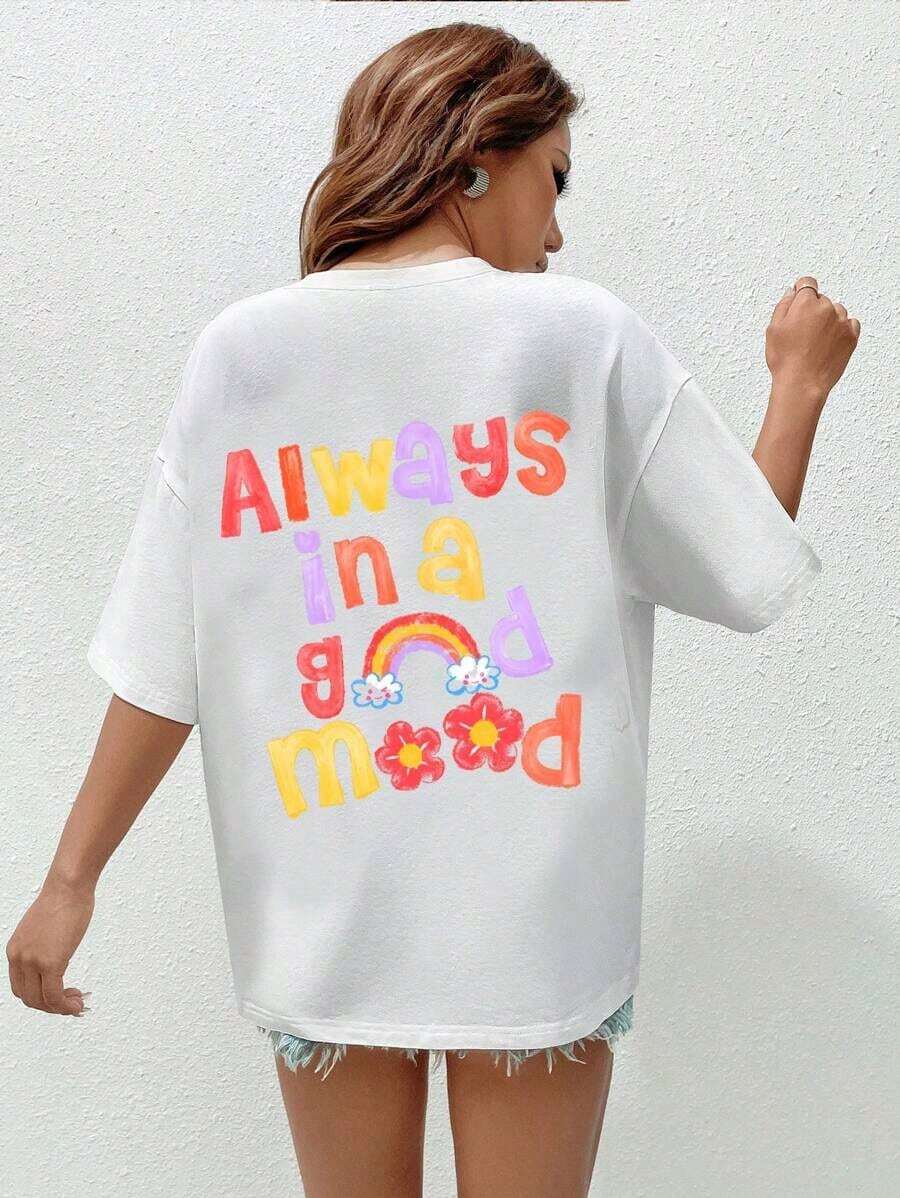 Camiseta súper grande con patrón de eslogan - Blanco - Ver 1
