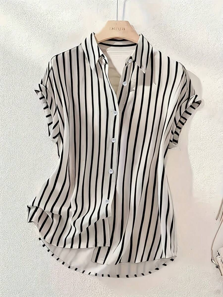 This Casual And Fashionable Women's Striped Polyester Shirt Features A Button-Up Collar, Short Batwing Sleeves, And A Front-Short-Back-Long Regular Length Design. Summer - Black and White - View 1