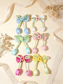 6pcs Colorful Fabric Flower & Bow Hair Clips, Suitable For Daily Wear, Spring/Summer - Multicolor - View 8