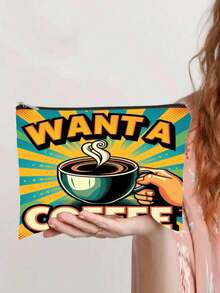 复古波普艺术咖啡印花化妆包，“想喝咖啡吗？”主题便携拉链袋 - 彩色 - 查看 3