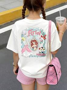 Disney's Little M,Ermaid Double-Sided Print, Front And Back Featuring A Fairy Tale Style Of Ariel Print Pattern Summer Tops,Short-Sleeved Casual And Cute Style  Children's Clothing Design, Girl Clothes,Boy Kids Clothes ,Ropa Para Niños,Teen Girls Clothes, Summer Clothes,Boys Summer Outfits,Boys Clothes,Perfect For Cool Girls. Comfortable And Breathable Children's Short-Sleeved T-Shirt. Comfortable And Casual Wear All Year Children's Clothes,Comfortable & Lightweight, Iconic Print For Mix-And-Match Outfits,Suitable For Both Boys And Girls. - trắng - Xem 3