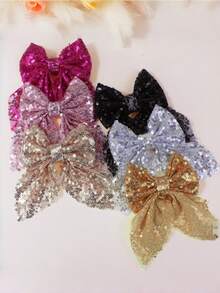 1 chiếc kẹp tóc nơ lưới đính sequin màu hồng - Hồng - Xem 2
