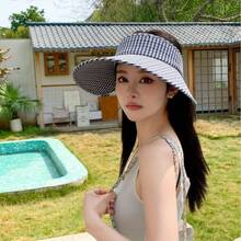 Women's Summer Breathable Hat - Elegant Plaid Wide Brim Visor With Adjustable Bow, Lightweight Non-Elastic Design Outdoor Beach Poolside Activities, Beach Hat, Poolside Accessory, Highquality Embroidery - Màu xanh lam - Xem 10
