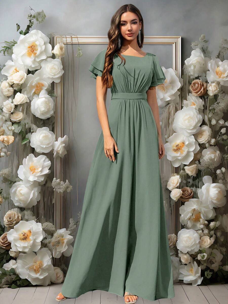 Volly Toych Đầm maxi chiffon xếp ly nhẹ nhàng kiểu dáng thanh lịch của Eucalyptus dành cho phù dâu nữ, tay ngắn bồng bềnh và cổ tròn, phong cách cưới trang nhã. - cây bạch đàn - Xem 1