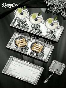 Dengcoo 1 Piece Of Silver Metal Long Tray, Storage Tray, Dinner Plate, Serving Tray, Middle Eastern Style Tray. Available In 3 Sizes. Suitable For Home, Restaurant, Dining, Ramadan And Eid Al-Adha. - Silver - View 3