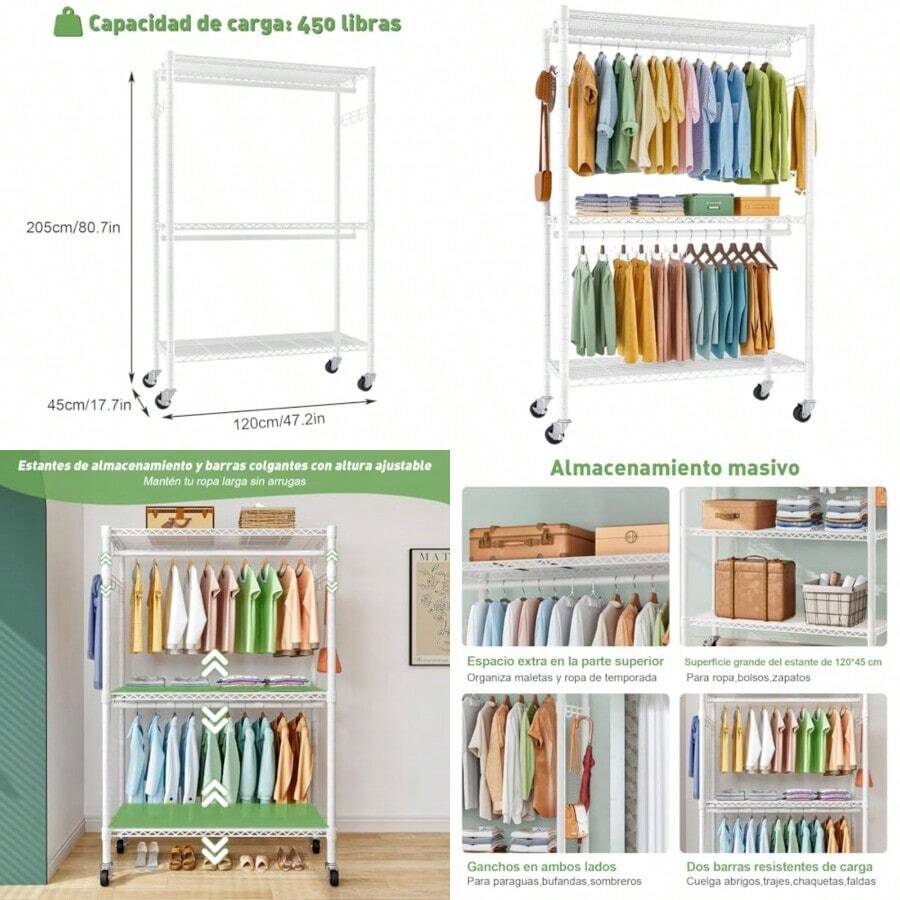 Estante organizador ajustable de doble barra para colgar ropa Armario Independiente Organizador de Ropa con gancho Perchero para colgar ropa clóset 120 x 45 x 205cm blanco - Blanco - Ver 1
