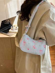 Spring/Summer New Arrival - Cute Floral Print Crossbody Bag, Decorated With Ribbon And Bow, Lightweight Polyester Shoulder Bag, Suitable For Commuting And Travel, Black & White Design With Pink Floral Pattern, Commuter Bag Floral Print Lightweight Bag - Blue - View 4