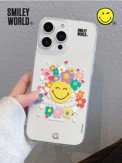 Smiley World 1 pieza Funda de teléfono transparente de material TPU con absorción de impactos, con patrón de cara sonriente amarilla, flores y letras, impresión UV, adecuada para iPhone11/12/13/14/15/16/17 Pro Max, regalo de moda para vacaciones, viajes, anti-caída