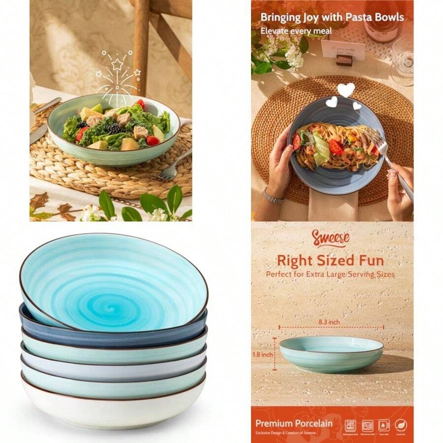 Juego de Cuencos para Pasta Sweese de 6 Platos de Ensalada de Cerámica de 30 Onzas para Lavavajillas y Microondas Seguros - Cuencos Sólidos para Ensalada Cuencos para Sopa - Platos Profundos con - Azul degradado - Ver 1