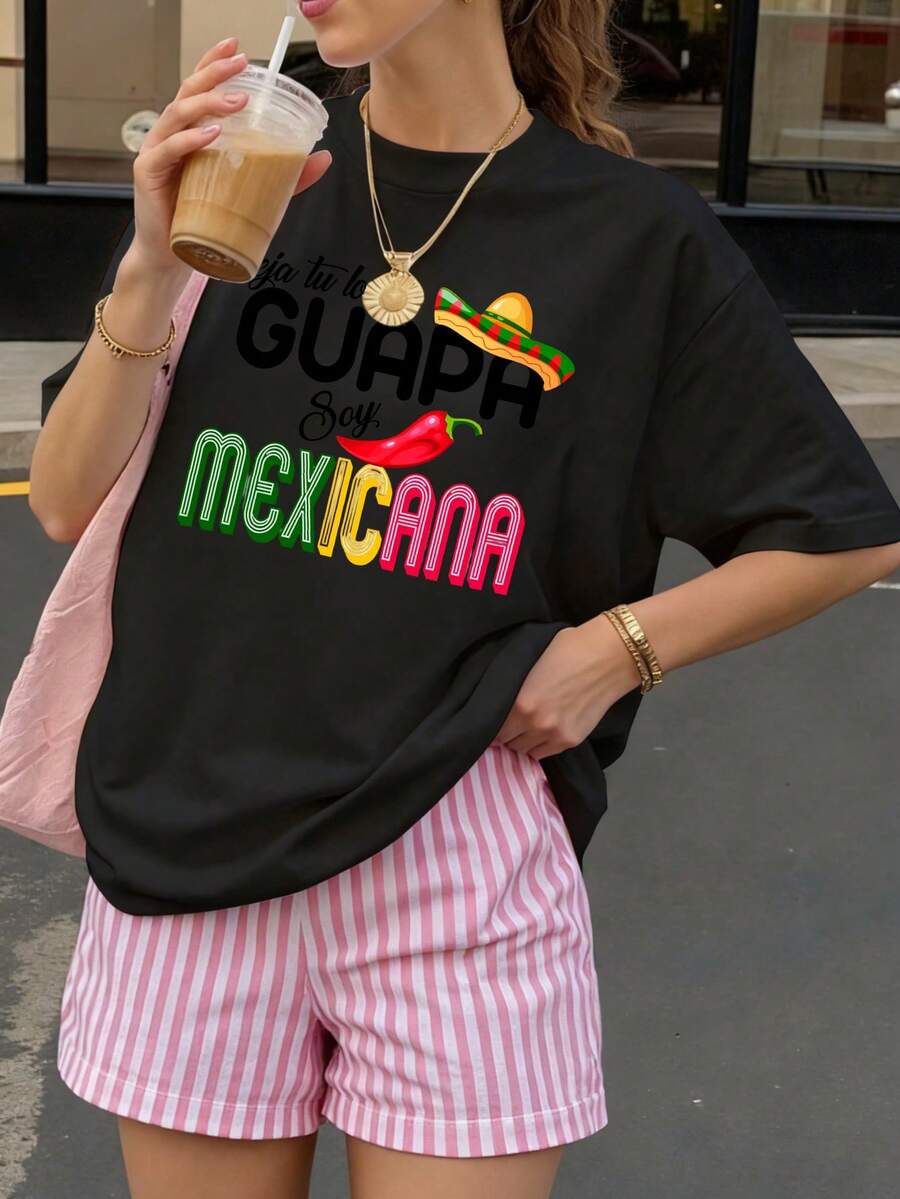 Camiseta Negra con Estampado Guapa Soy Mexicana para Mujer Verano Casual - Negro - Ver 1
