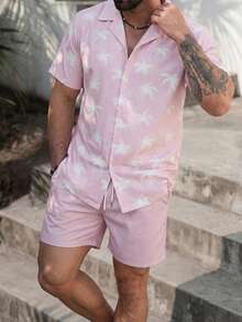 Men's Summer Coconut Pattern Short Sleeve Shirt And Shorts Beach Set - Multicolor - View 4