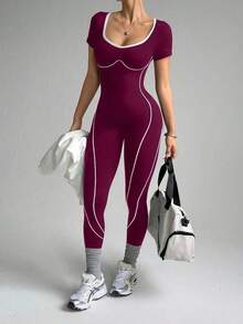 Dewbera 1 pieza Mono deportivo para mujer con diseño de letras sin costuras para correr, yoga y fitness - Rojo violeta - Ver 1