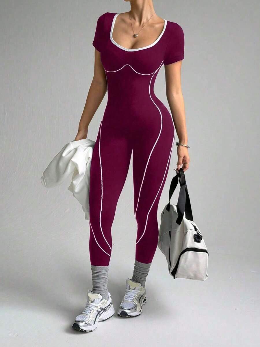 Dewbera 1 pieza Mono deportivo para mujer con diseño de letras sin costuras para correr, yoga y fitness - Rojo violeta - Ver 1