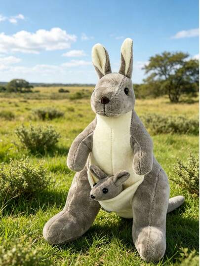 1pc Gray & Cream Plush Kangaroo Doll With Pouch Baby Joey, Soft Fluffy Stuffed Animal Set, Cute Cartoon Kangaroo Doll, Suitable For Children, Ideal Gift For Boys Girls Birthday Christmas Halloween Thanksgiving Easter Valentine's Day New Year