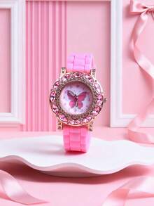 Children's Gift, Soft Silicone Strap Luxury Crystal Butterfly Quartz Watch, Fashionable Wristwatch For Girls - Pink - View 3