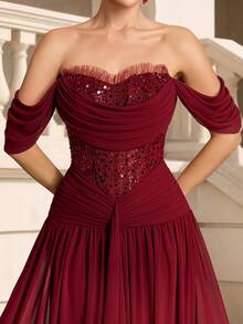 VIPGIRL Elegant Luxury Burgundy Open Shoulder Evening Dress - With Sequin Embellished Bodice And Flowing Chiffon Dress, Suitable For Formal Dinners, Galas And High-End Events Party Wedding Spring - Burgundy - View 1