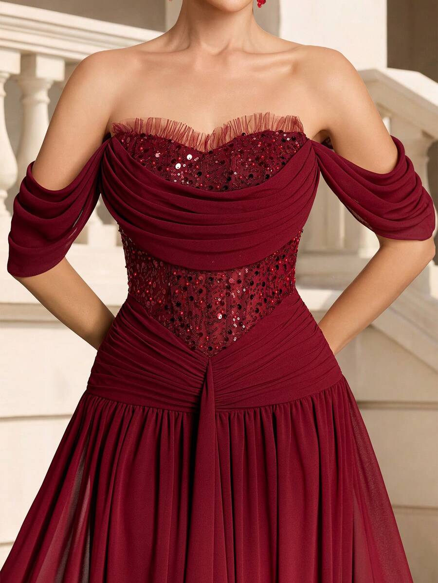 VIPGIRL Elegant Luxury Burgundy Open Shoulder Evening Dress - With Sequin Embellished Bodice And Flowing Chiffon Dress, Suitable For Formal Dinners, Galas And High-End Events Party Wedding Spring - Burgundy - View 1