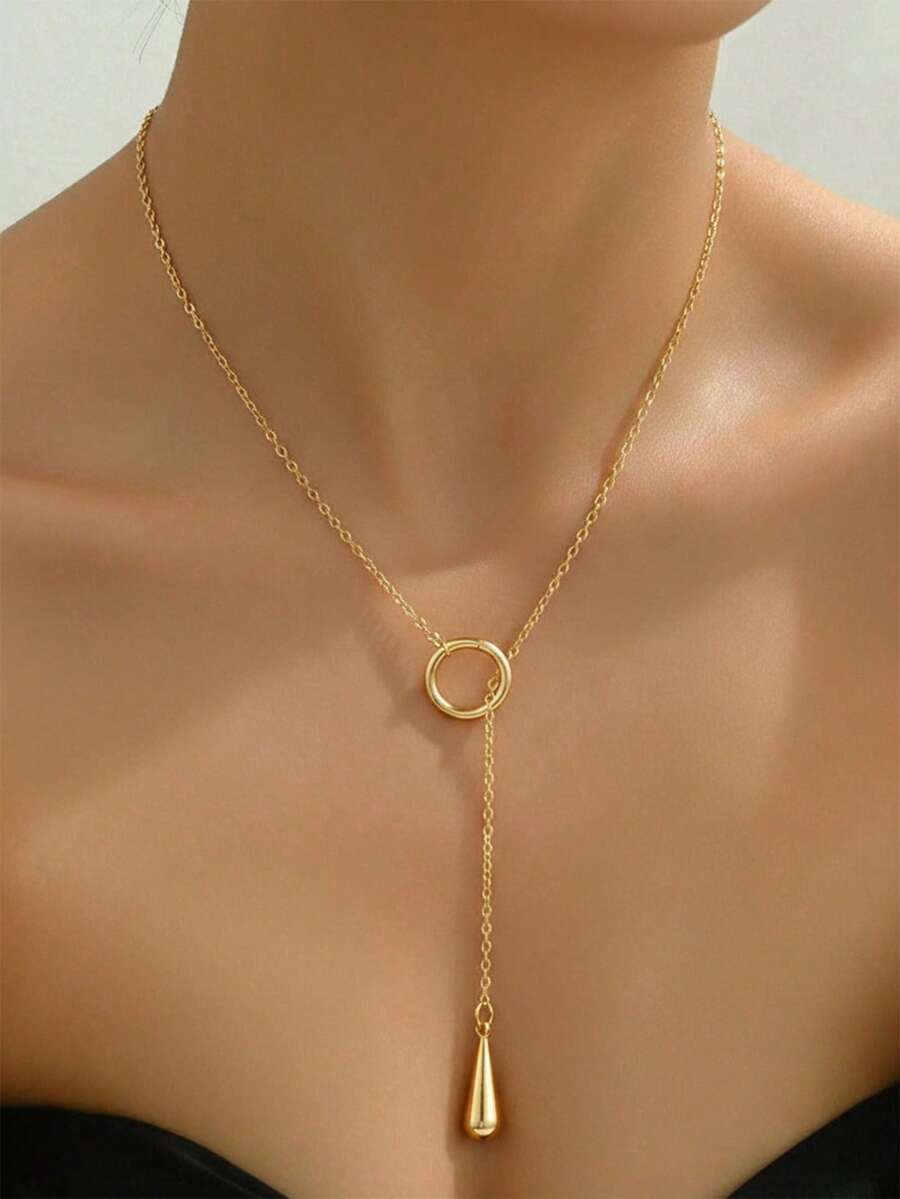 1pc Stainless Steel Women's Necklace, Y-Shaped Choker With Circle & Water Drop Pendant, Minimalist Style, Gold Color, Suitable For Daily, Date, Evening Party, Gift For Friends And Girlfriends - necklace - View 1
