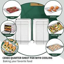 Juego de bandeja de cuarto con estante de refrigeración [2 bandejas para hornear + 2 estantes para hornear] hojas de galletas de acero inoxidable CEKEE para hornear y rejilla de alambre resistentes al óxido y a la deformación y antiadherente tamaño 12 x 9.8 x 1 pulgada - Plateado - Ver 6