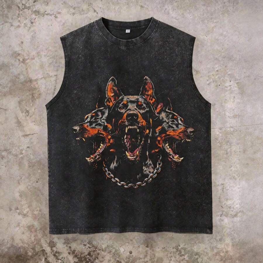 Men's Printed Vintage Washed Vest, Loose Fit, Casual Street Style, An Essential Everyday Item - Black 8 - View 1