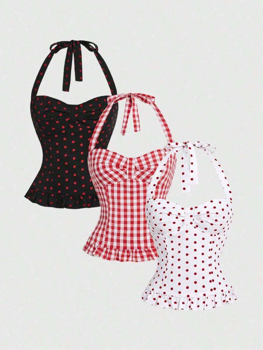 Women's Romantic Vacation Style Polka Dot & Plaid Backless Halter Neck Camisole Set - Multicolor - Ver 1