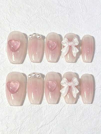 10pcs Short Stiletto Nails, Nude Pink Ombre Base With 3D Handmade Heart + Bow Pearl Decor, Sweet Ballet Y2K Style, Reusable Fake Nails For Commute, Date, Party, Ideal Gift For Her